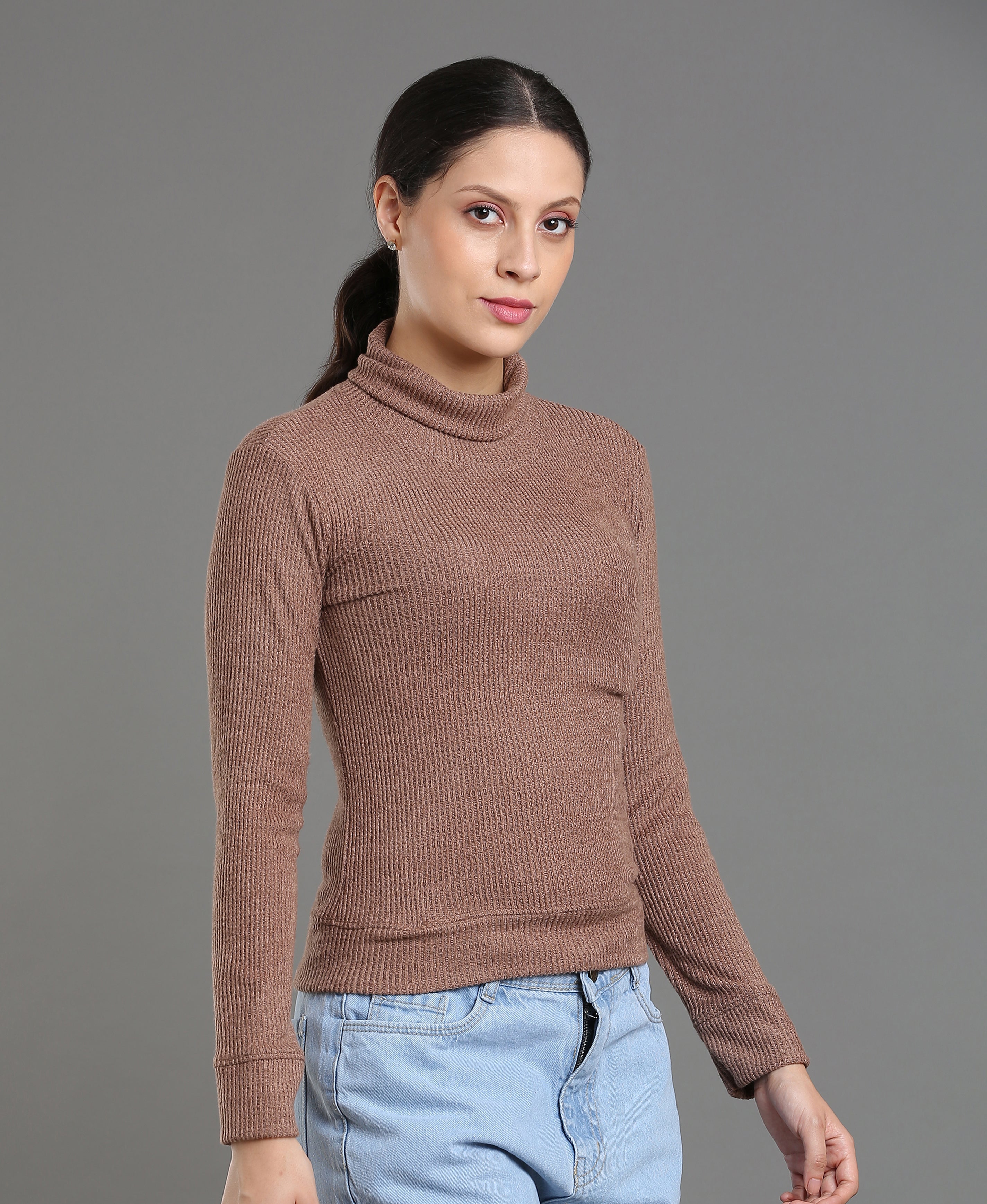 Maroon Waffle High Neck Tee