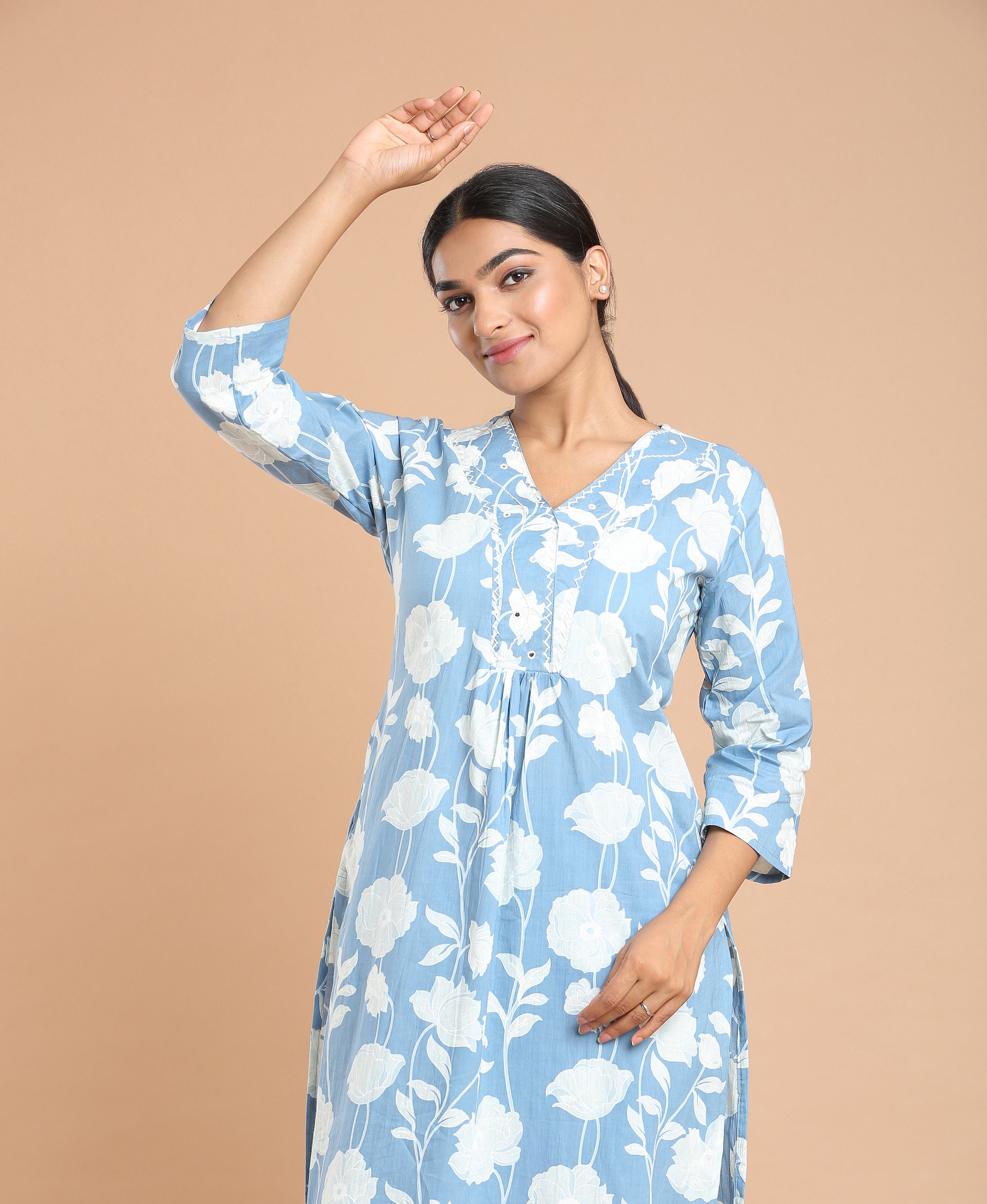 Sky Bloom Cotton Kurti Set