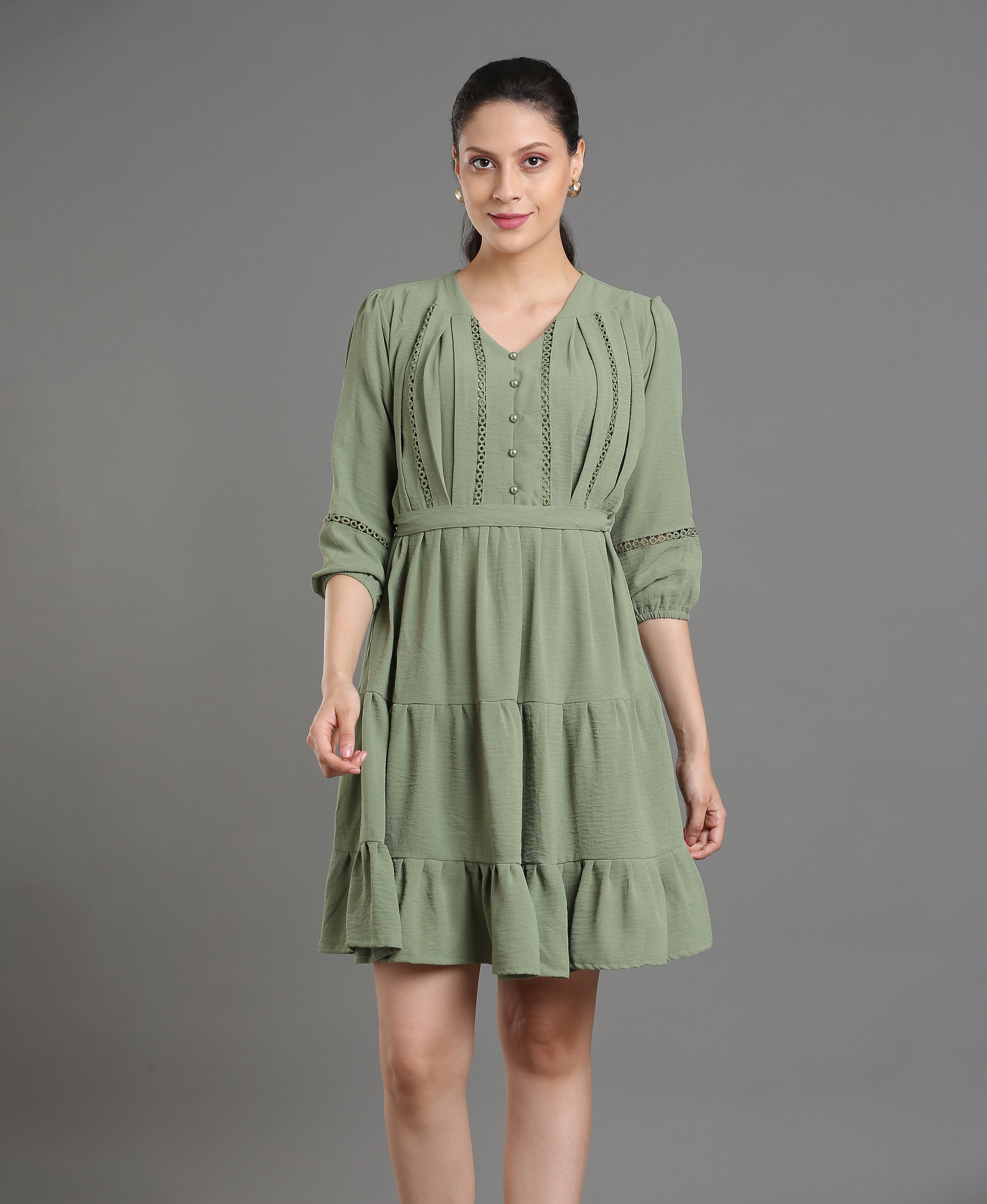 Emerald Glow Polyester Flared Dress
