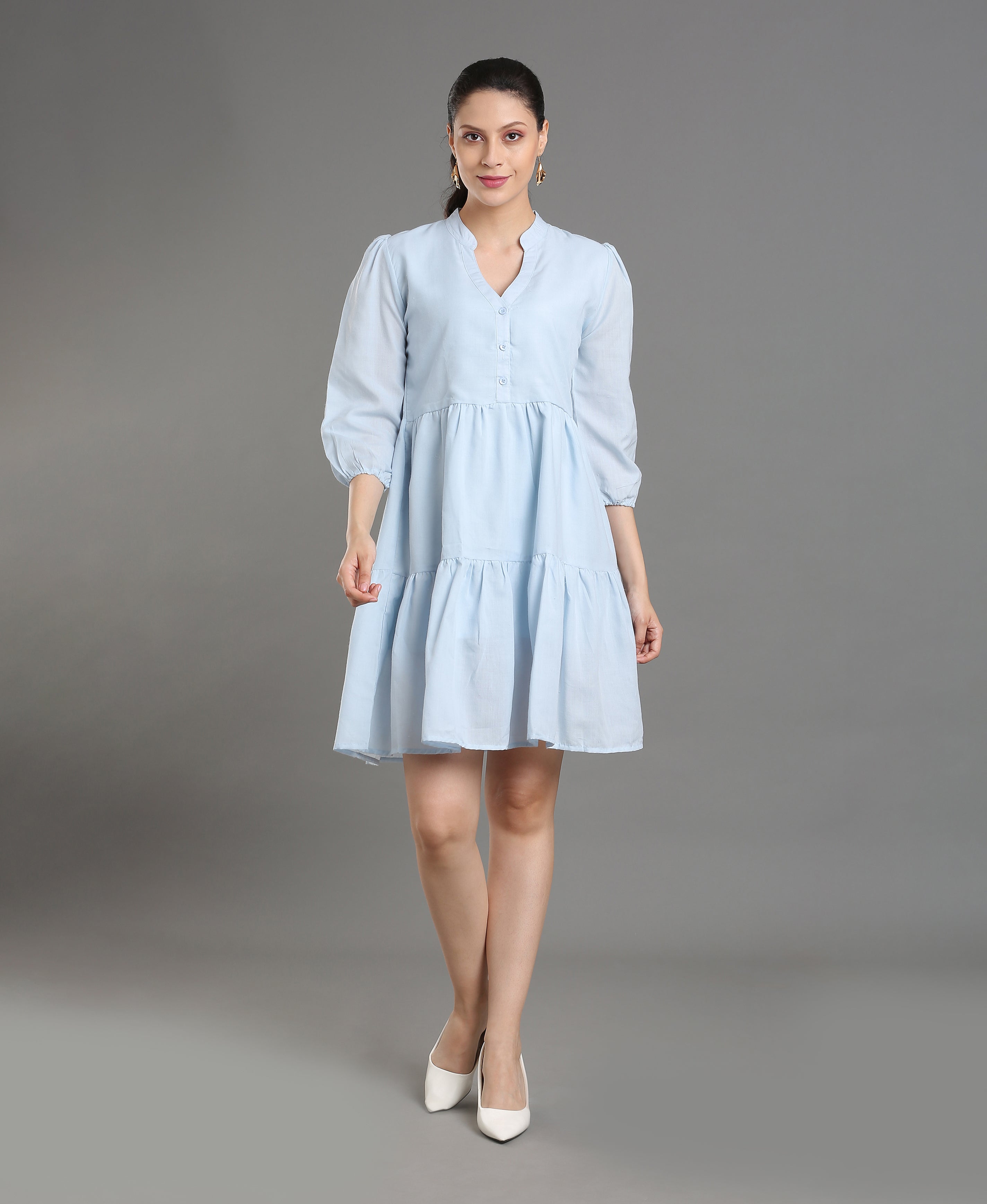 Azure Solid Mandarin Flare Dress