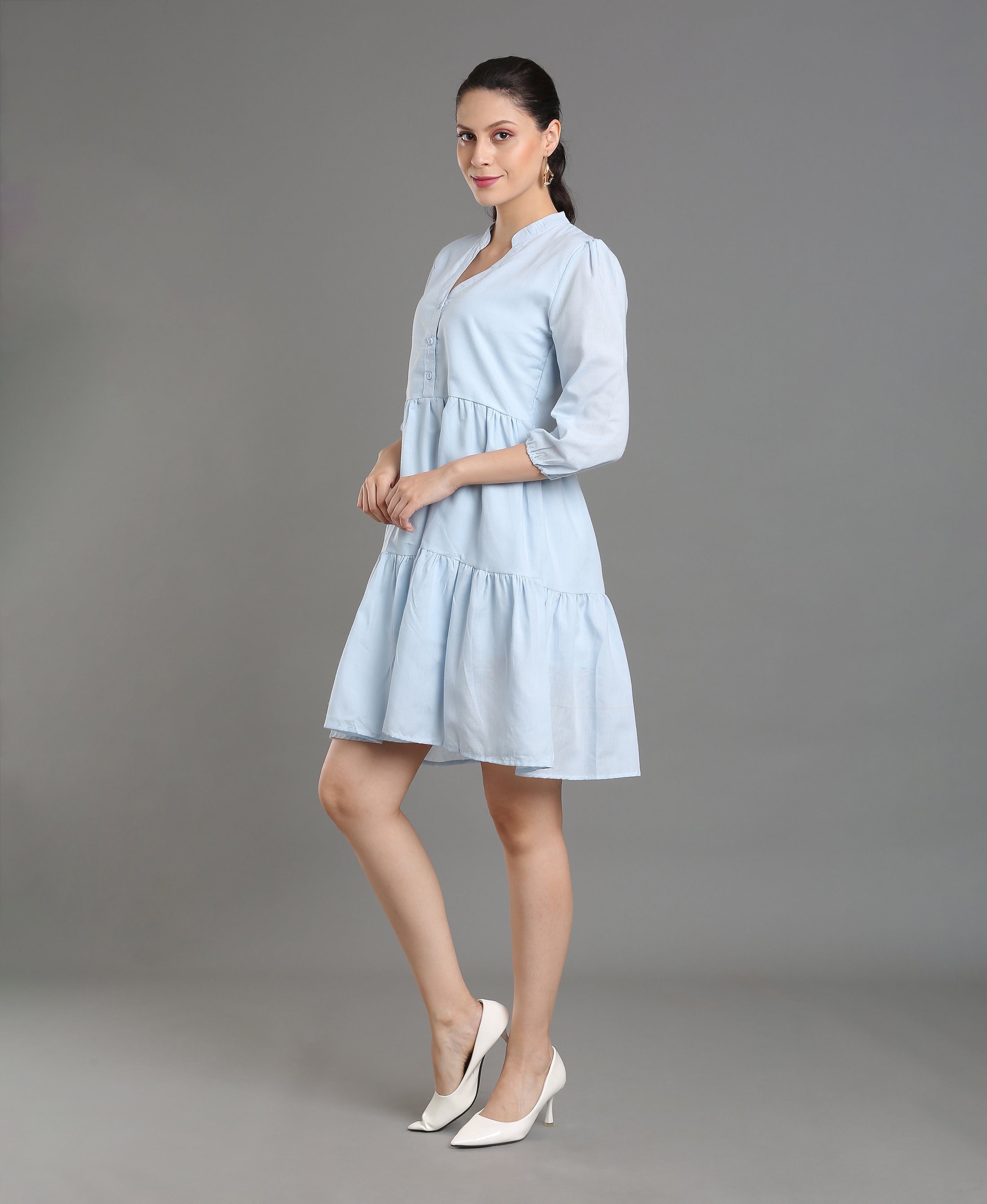 Azure Solid Mandarin Flare Dress