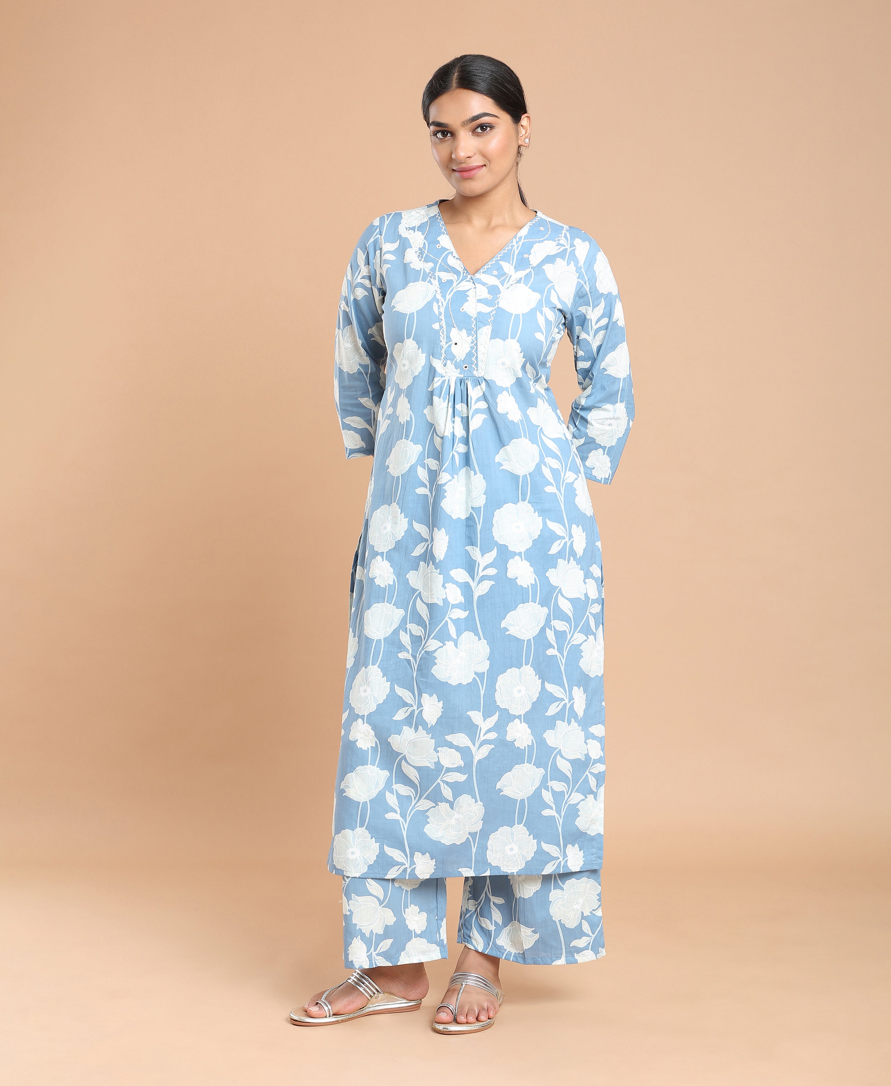 Sky Bloom Cotton Kurti Set