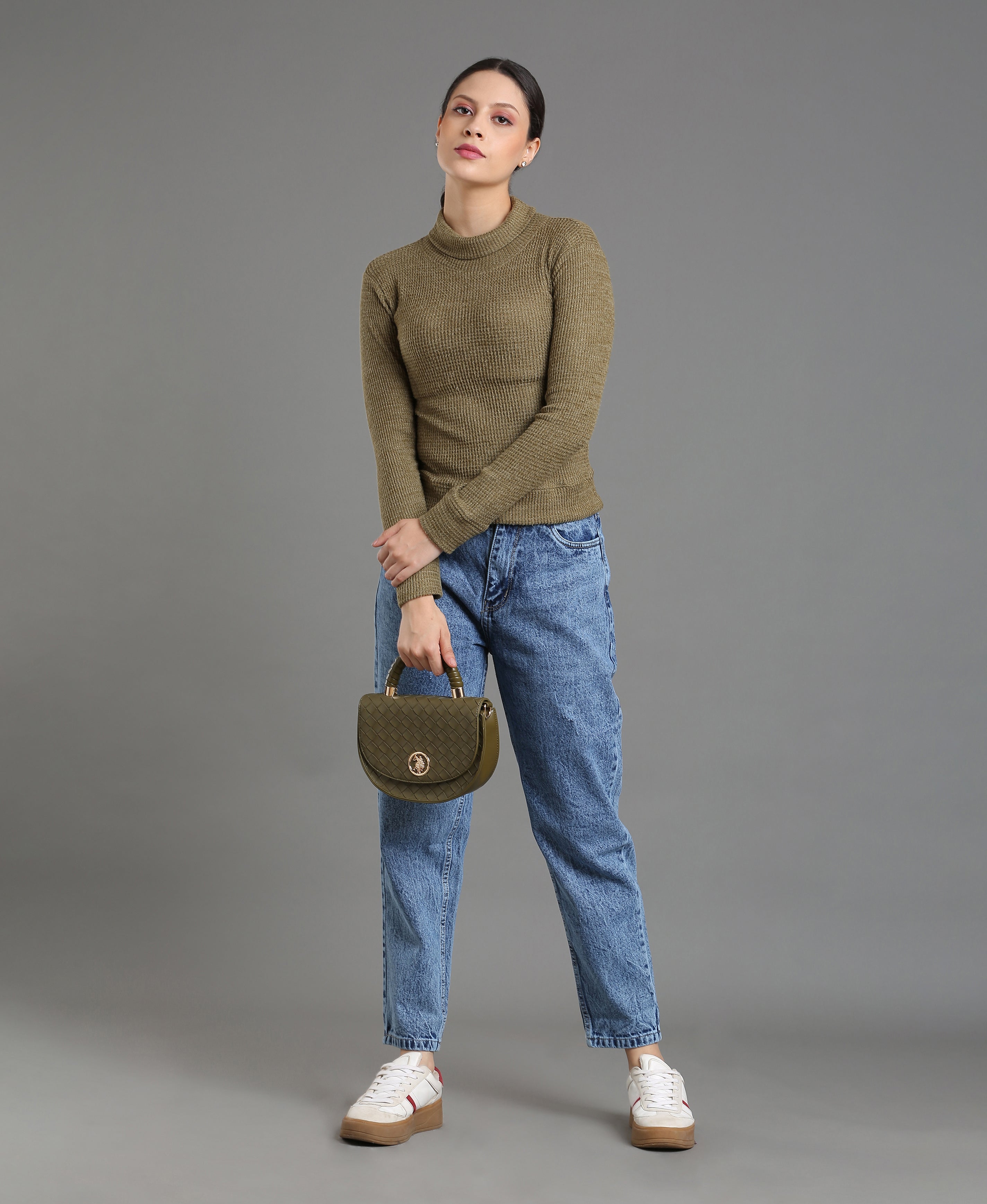 Olive Waffle High Neck Tee